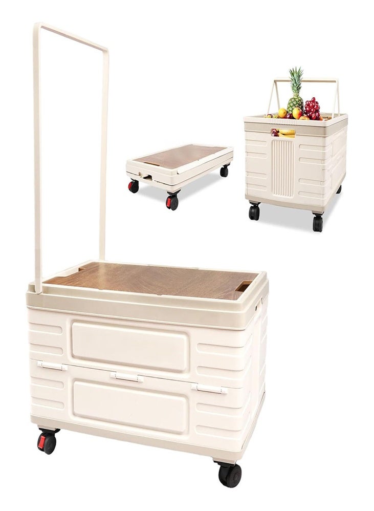DMG TECH Foldable Utility Cart, Folding Wagon Cart Large Capacity Heavy Duty Cart, with Wooden Cover, Folding Organizer with Handles and 360° Swivel Wheels, Portable Storage Crate Containers - Image 1